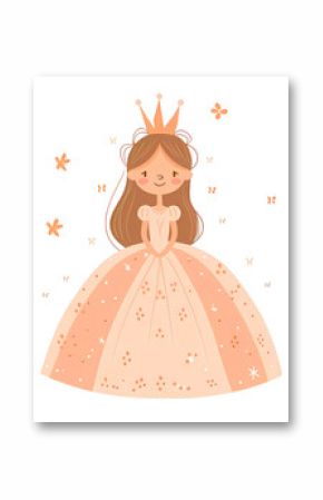 Cute fabulous girl princess in a fluffy pink dress and crown, baby print.Simple cartoon flat illustration on transparent background PNG