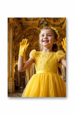 Portrait of fashionable little girl in yellow dress and gloves in decorated mystical room. Elegant beauty stylish princess smiling looking up. Fantasy art photo, fairy tale concept. Copy text space