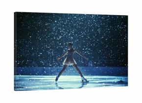 skater performs with elegance, her princess costume sparkling under the lights. The intense focus on her face and the fluidity of her movements.