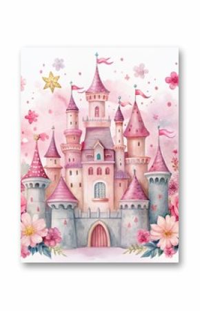 Whimsical pink fairy tale watercolor illustration of a majestic princess castle with towers, flowers, and sparkles, perfect for baby shower invitations, kids' cards, and nursery decor.