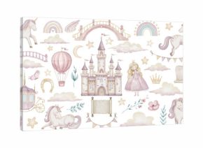 Watercolor clipart with Unicorns and princess castle in pastel pink and beige colors for Baby girls. Illustration of balloon, stars and clouds for childish design. Fantasy carriage and garlands.