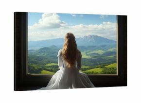 a princess sitting by a window in a medieval castle, gazing out at the rolling hills and distant mountains 