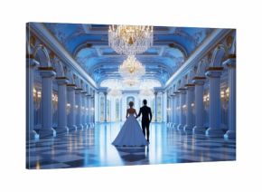 wide-angle view of a prince and princess dancing in a grand ballroom with crystal chandeliers and ornate decorations 