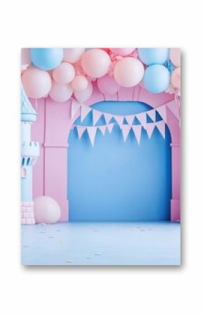 Enchanted Castle Birthday Backdrop: A whimsical and enchanting backdrop for a princess-themed birthday party, featuring a charming castle, pastel-colored balloons, and a festive banner.