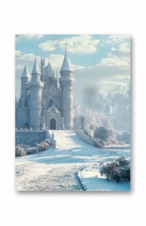 3D rendering of an enchanted fairy tale princess castle in winter