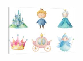 Fairytale characters and elements including prince, princess, castle and magic wand in watercolor illustration set. Objects in vibrant pastel tones isolated on transparent background