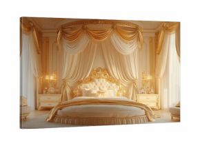 luxurious kids bedroom design featuring a princess bed with elegant curtains, golden decor, and a majestic crown canopy, fit for royalty