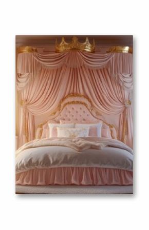 luxurious childs bedroom retreat featuring a princess bed with flowing curtains, golden accents, and a majestic crown canopy, fit for royalty