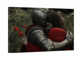 A knight wearing armor embraced a lady in a red dress. Knight and princess