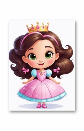 A cute cartoon princess with brown hair, a crown, and a pink dress, smiling happily.