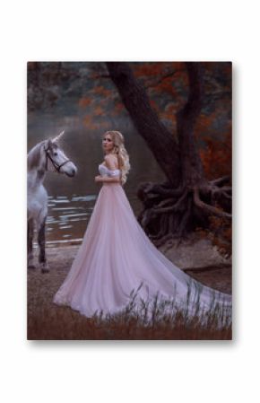 woman fantasy princess met white horse unicorn in autumn woods, forest, dark tree. blonde girl. gentle make-up, wear long vintage pink dress with a lush skirt train hem plum. Artistic Photo