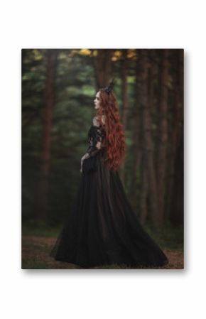 A beautiful gothic princess with pale skin and very long red hair in a black crown and a black long dress walks in a misty fairy-tale autumn forest. The costume of the dark queen. Back view.