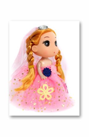 Cute doll is standing in a pink dress, as princess with flowers on white background