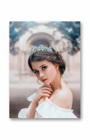 lovely tender girl with perfect skin and dark magnificent eyes, wonderful work of hairdresser and gathered brown hair with silver tiara, light natural make-up, portrait photo and creative colors