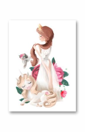 Beautiful princess girl in crown with long hair dreaming unicorn, bird and flowers, floral bouquet