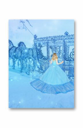 Beautiful princess in blue long dress on the luminous blue carriage background. Art processing.