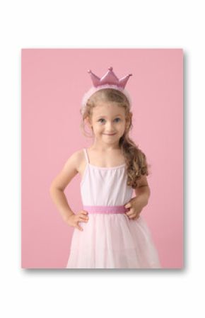 Cute little princess on color background