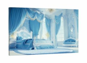 Dreamy blue bedroom with a grand bed and elegant furniture