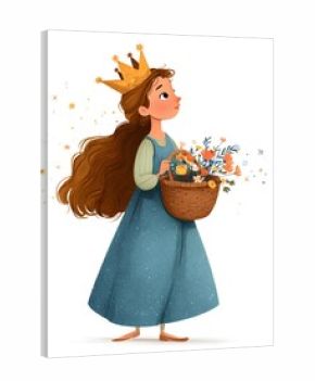 A young royal carries a flower-filled basket. A princess with long, flowing hair enjoys a day in her kingdom, surrounded by nature's beauty.