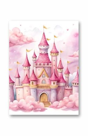 fairy princess castle hand drawn watercolor illustration set print textile background 