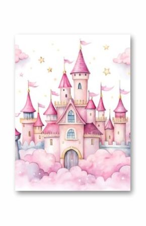 fairy princess castle hand drawn watercolor illustration set print textile background 