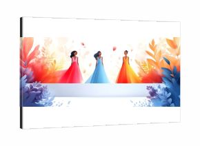 Three women in colorful dresses are standing on a white background