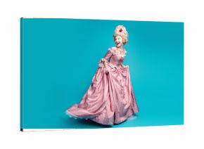 Full size photo of young aristocratic woman run look behind empty space wear baroque dress isolated on teal color background