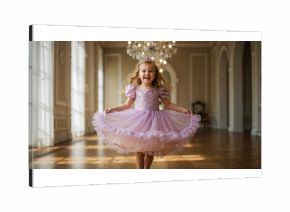 Girl wearing sparkly purple dress with tiara spinning in elegant ballroom. Child in princess costume dancing with flowing tulle skirt. Fantasy dress up and celebration concept