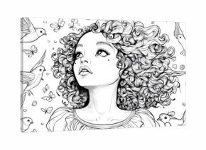 "Simple black and white line art of a princess with curly hair surrounded by singing birds, perfect for a kids' coloring book."