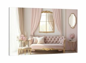 A soft, pastel-colored living room with a princess feel, featuring gold accents, vintage mirrors, and silk curtains.