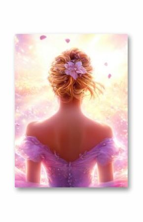 Enchanting princess in magical garden of blossoming roses at sunrise
