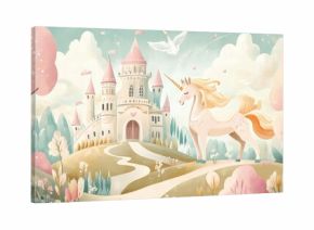 Illustration of a princess and unicorn mural designed for girls nurseries perfect for kids room decor