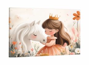 little princess with a crown, cute pony, storybook illustration