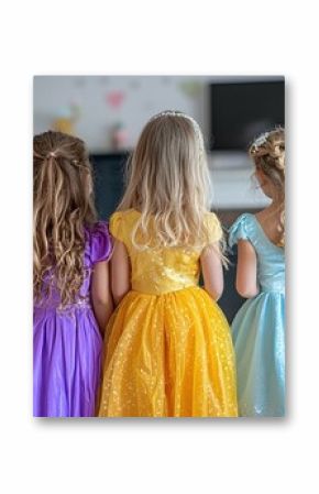 Little girl dressing up in princess costumes with friends.