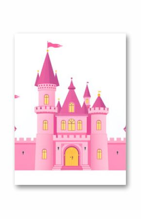 Pink castle flat design vector illustration, beautiful fairytale castle clip art image, magical princess castle vector clipart, isolated on white background. Generative AI