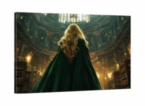 A serene witch princess with blonde hair and a green hooded robe, standing in the middle of an ancient library. background wallpaper AI generated image