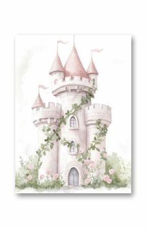 Enchanting watercolor depicting a fairy tale princess tower covered in lush ivy and blooming roses painted with warm soft tones for a dreamy magical atmosphere