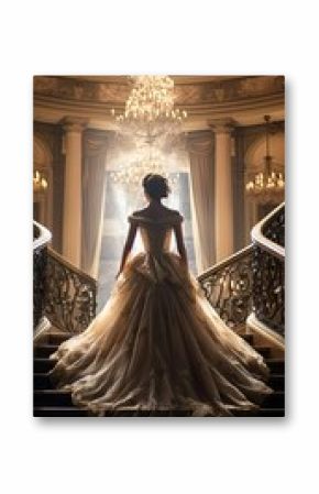 beautiful woman in a glamorous gown walking up the stairs, shot from behind