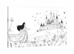 Graceful princess wearing a flowing gown standing in front of an elegant castle, surrounded by blooming flowers and twinkling stars, designed in intricate black-and-white line art style