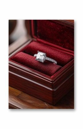Princess-cut diamond ring in a red velvet jewelry box.