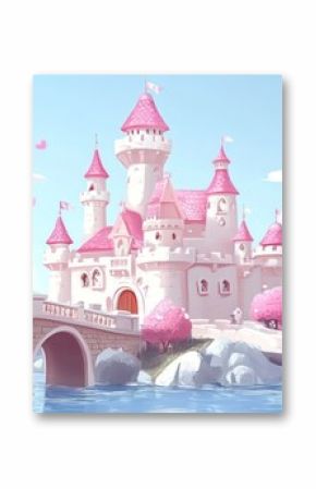 Pink fairytale castle by a river with a stone bridge, surrounded by pink blossom trees and mountains.
