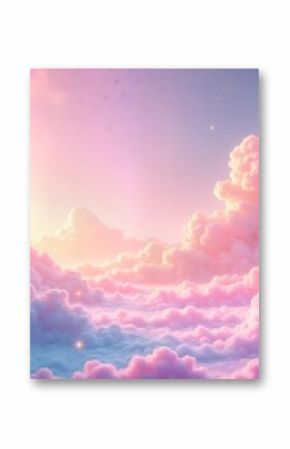 Pastel pink, purple clouds fill sky. Sparkling stars scattered among soft clouds. Hazy, pink glow suggests sunrise sunset. Holographic effect enhances dreamy, fairytale atmosphere. Dreamy cloud