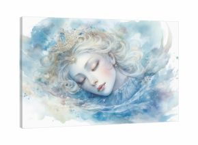 The watercolor painting depicts a delicate female image, reminiscent of a snow queen or a sleeping princess 