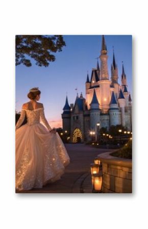 Posing bride in fairy tale wedding dress at night in front of fairy tale castle