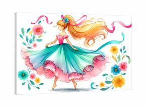 Playful princess twirling in her dress, with a flowing ribbon in her hair and a trail of flowers around her. Watercolor clipart illustration isolated on a white background