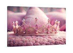 A delicate pink princess crown with intricate glitter details sits atop a velvet cushion, luxury, gemstone,  luxury, gemstone
