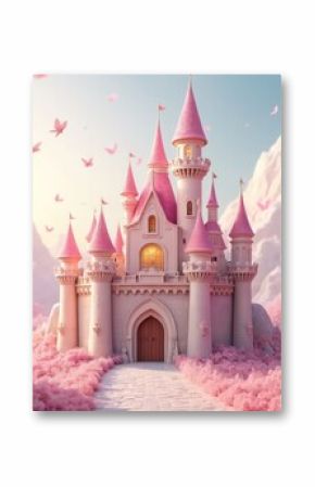Fairytale princess castle with pink blossom trees. Romantic landscape with turrets, towers, flags. Dreamy palace. Fairytale backdrop with spring cherry blossom, butterflies, pastel colors. Kids