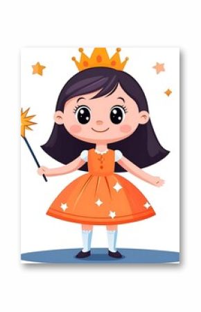 Cute princess girl, magic wand, stars, white background, children's book illustration