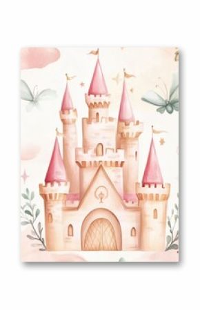 Fairy princess castle hand drawn watercolor illustration. Patern seamless set print textile background clipart for little girls for the holiday congratulations 