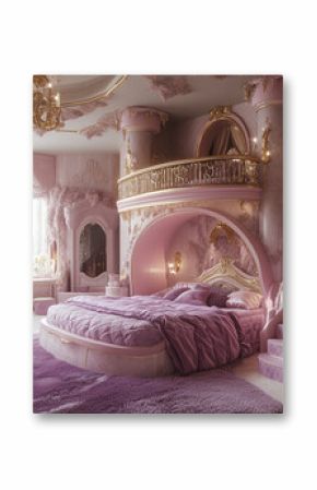 A whimsical princess bedroom, a dreamy escape of lavender hues and golden accents, showcasing a luxurious, ornate bed and a curving staircase leading to a charming loft.